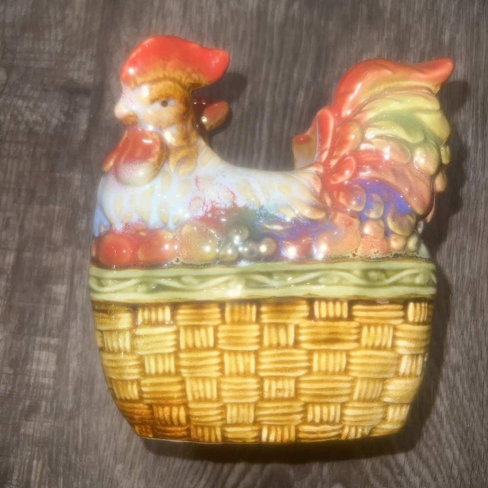 Vintage Glossy Ceramic Rooster Napkin Holder Chicken Basket Farmhouse Country